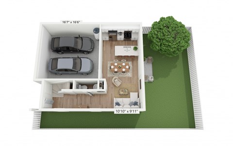 A 3D floor plan of a house with a garage and a tree.